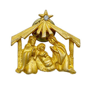 Vintage Christmas Nativity Lapel Pin Brooch Gold Tone Jesus Mary Joseph Holiday